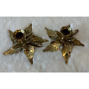 Vintage Set of Two‎ Solid Brass Holly Leaf Taper Candle Holders Made in India